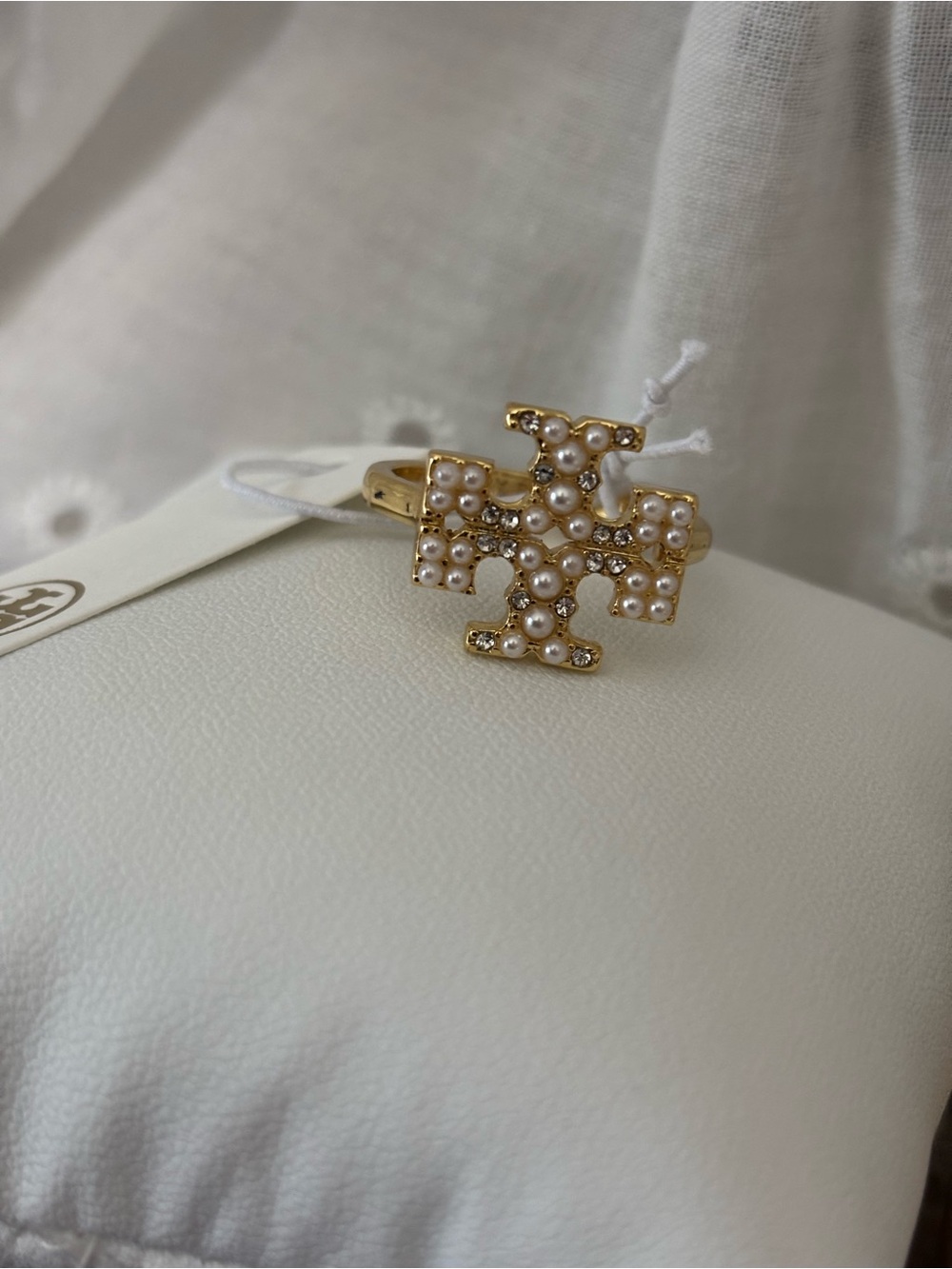 Tory Burch Miller Pearl Logo Ring in Gold & White NWT